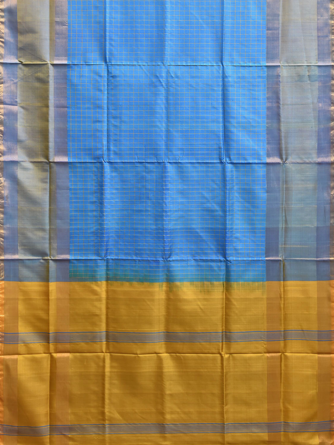 Blue and Yellow Uppada Silk Handloom Saree with Checks and Big Border Design u2518