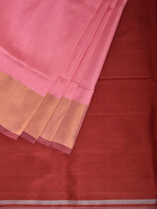 Baby Pink and Maroon Uppada Silk Handloom Plain Saree with Contrast Pallu Design u2520