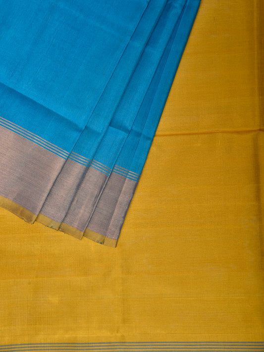 Blue and Yellow Uppada Silk Handloom Plain Saree with Contrast Pallu Design u2521