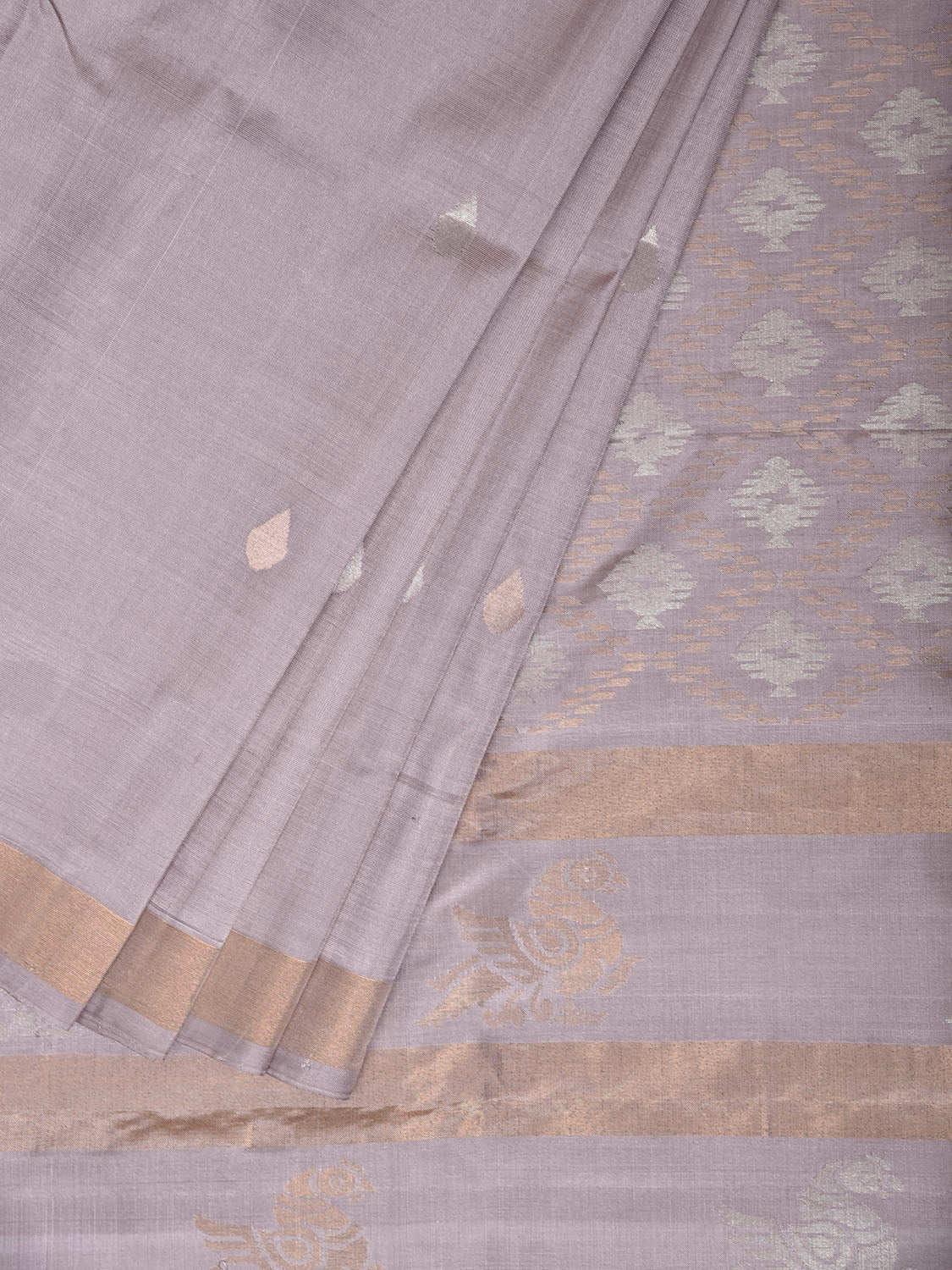 Light Grey Uppada Silk Handloom Saree with Birds and Jamdani Pallu Design u2524