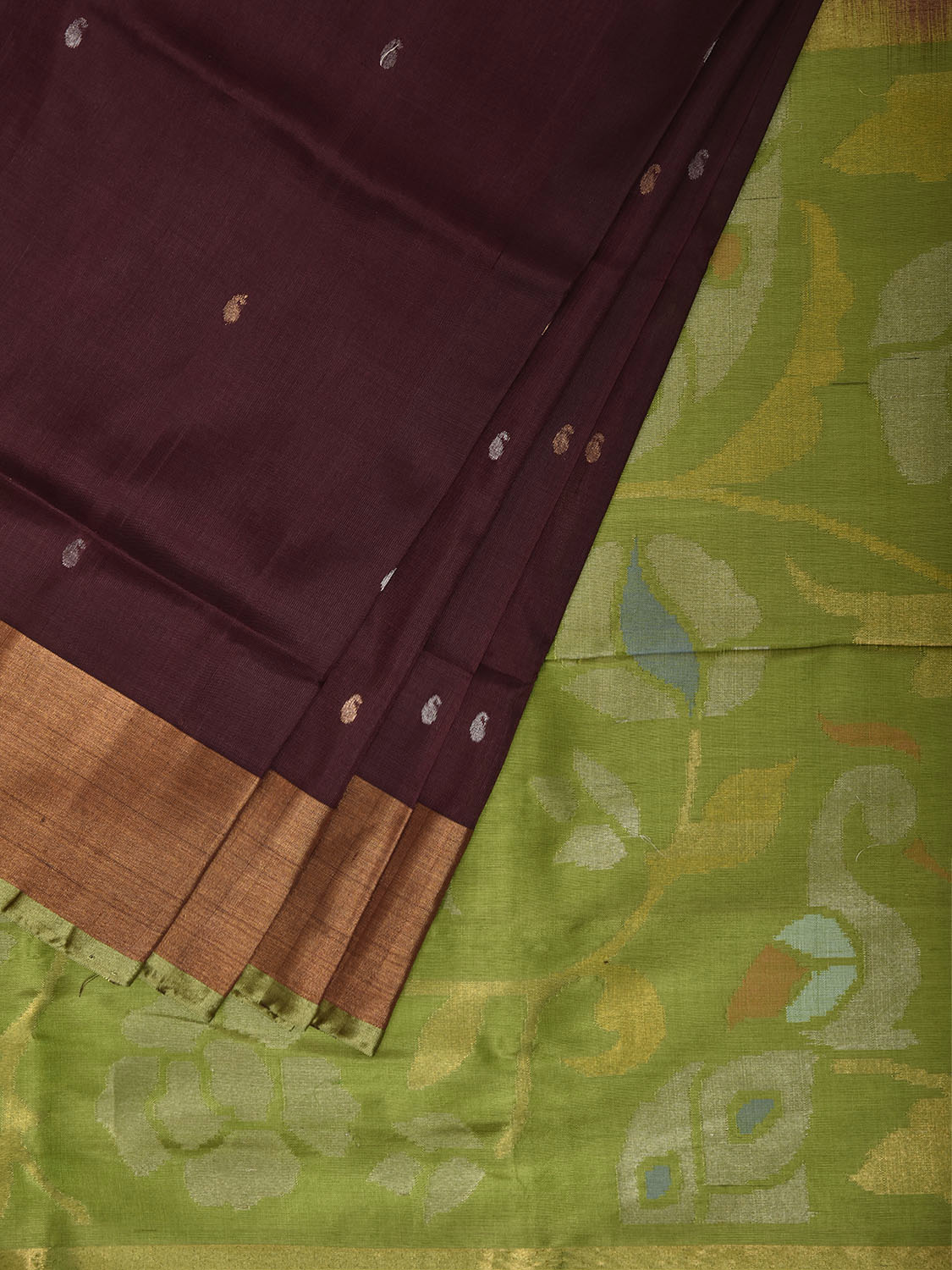Brown and Green Uppada Pure Silk Handloom Saree with Floral and Peacock Pallu Design u2540