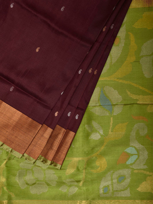 Brown and Green Uppada Pure Silk Handloom Saree with Floral and Peacock Pallu Design u2540