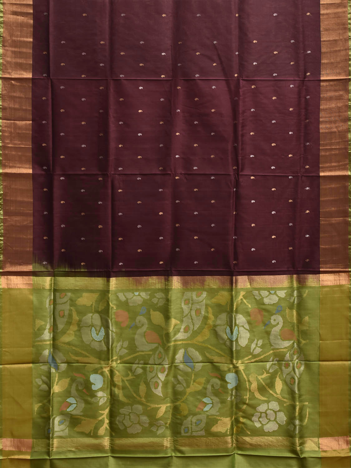 Brown and Green Uppada Pure Silk Handloom Saree with Floral and Peacock Pallu Design u2540