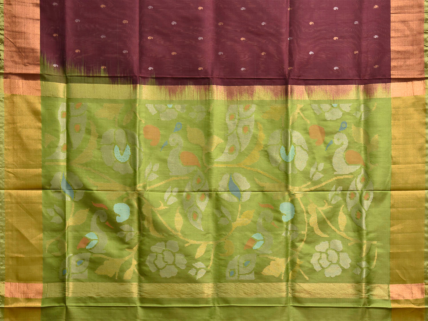 Brown and Green Uppada Pure Silk Handloom Saree with Floral and Peacock Pallu Design u2540