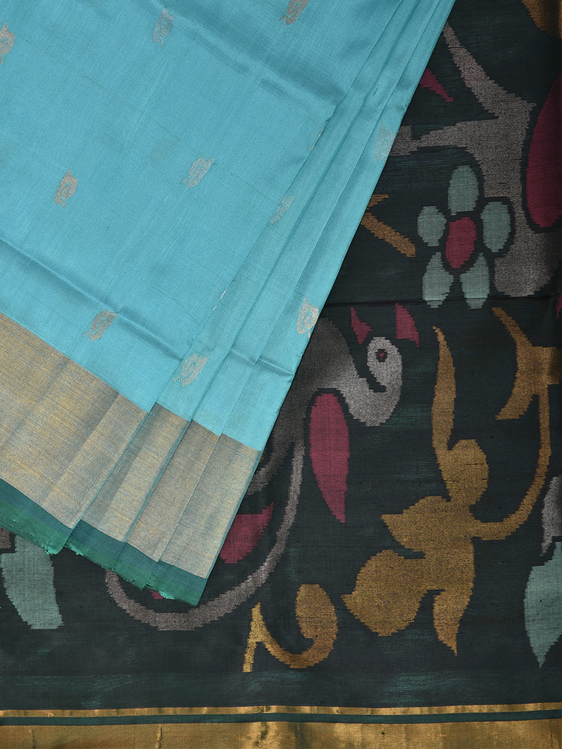 Light Blue and Dark Green Uppada Pure Silk Handloom Saree with Peacocks Pallu Design u2541