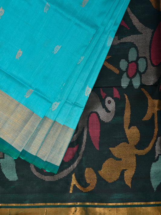 Light Blue and Dark Green Uppada Pure Silk Handloom Saree with Peacocks Pallu Design u2541