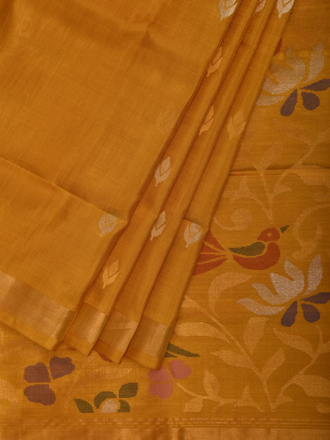Yellow Uppada Pure Silk Handloom Saree with Floral and Birds Pallu Design u2545