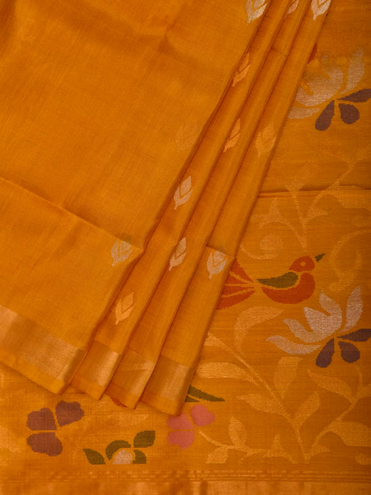 Yellow Uppada Pure Silk Handloom Saree with Floral and Birds Pallu Design u2545