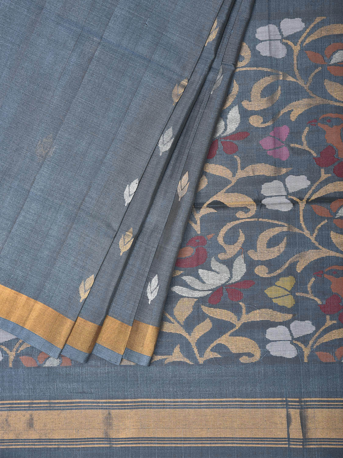 Grey Uppada Pure Silk Handloom Saree with Birds and Floral Pallu Design u2549