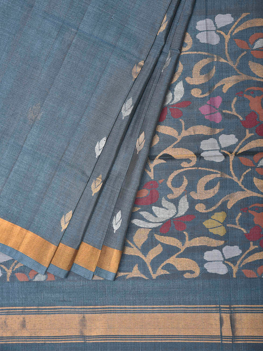 Grey Uppada Pure Silk Handloom Saree with Birds and Floral Pallu Design u2549