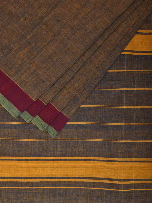 Yellow and Blue Venkatagiri Cotton Plain Saree with Strips Pallu and Ganga-Jamuna Border Design v0095