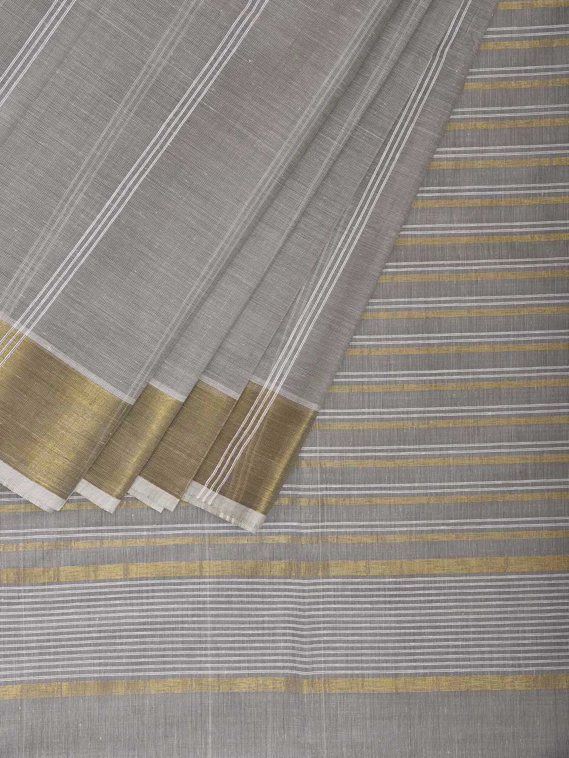 Light Grey Venkatagiri Cotton Saree with Strips Body and Pallu Design v0153