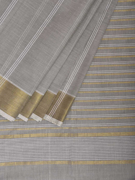 Light Grey Venkatagiri Cotton Saree with Strips Body and Pallu Design v0153