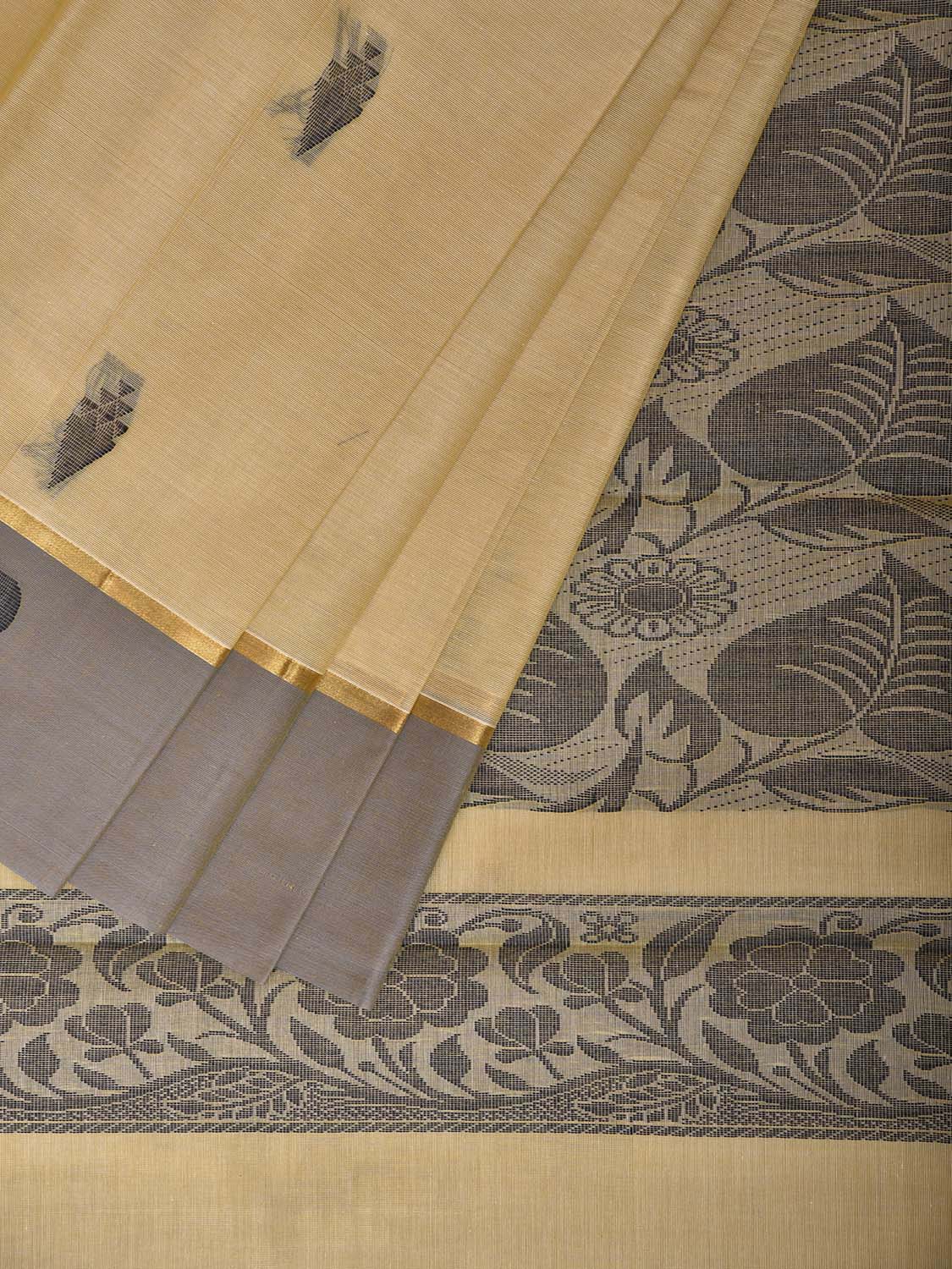 Light Yellow Venkatagiri Cotton Saree with Body Buta and Pallu Design v0157
