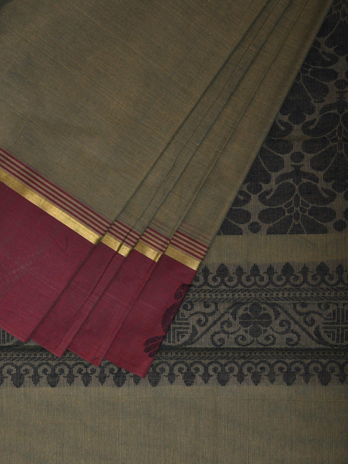 Light Green and Maroon Venkatagiri Cotton Saree with Body Buta and Pallu Design v0160