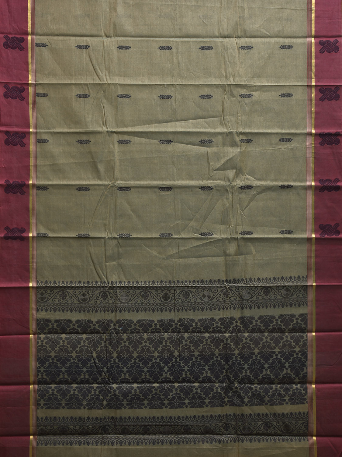 Light Green and Maroon Venkatagiri Cotton Saree with Body Buta and Pallu Design v0160