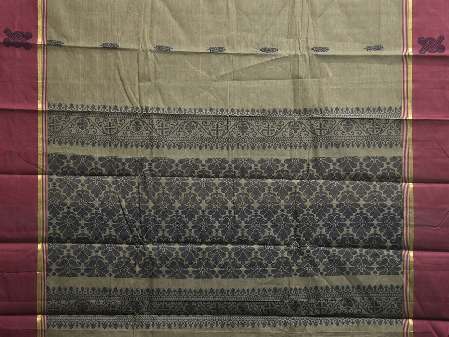 Light Green and Maroon Venkatagiri Cotton Saree with Body Buta and Pallu Design v0160