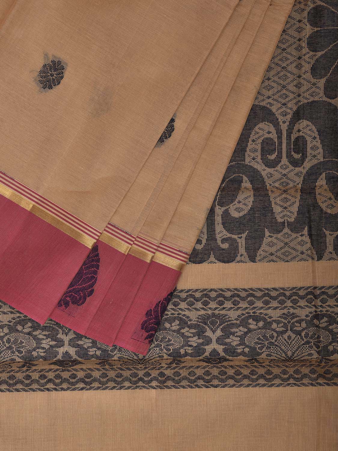 Cream and Peach Venkatagiri Cotton Saree with Body Buta and Pallu Design v0161