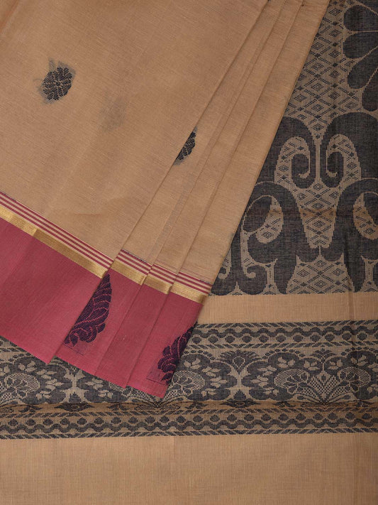 Cream and Peach Venkatagiri Cotton Saree with Body Buta and Pallu Design v0161
