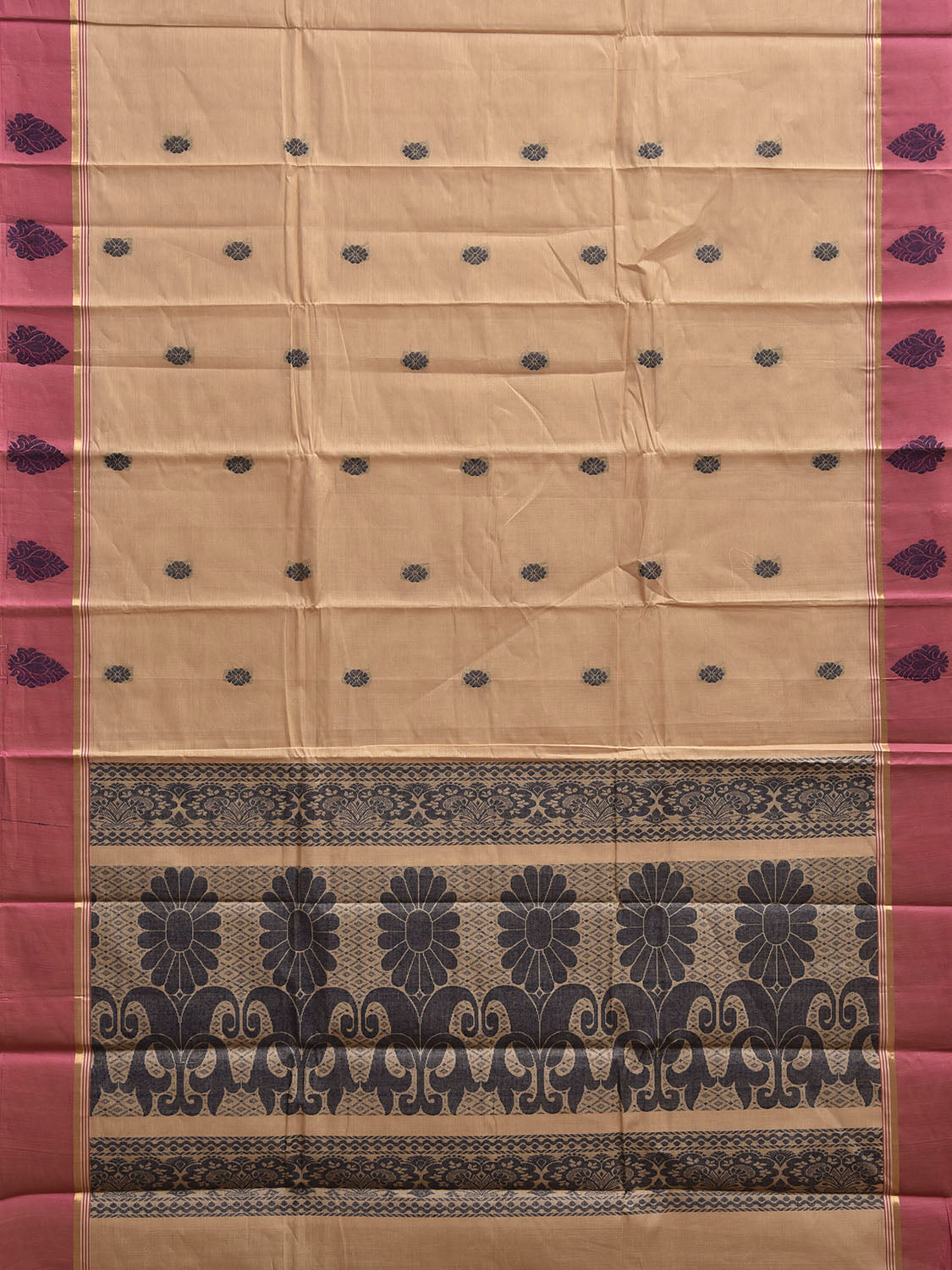 Cream and Peach Venkatagiri Cotton Saree with Body Buta and Pallu Design v0161