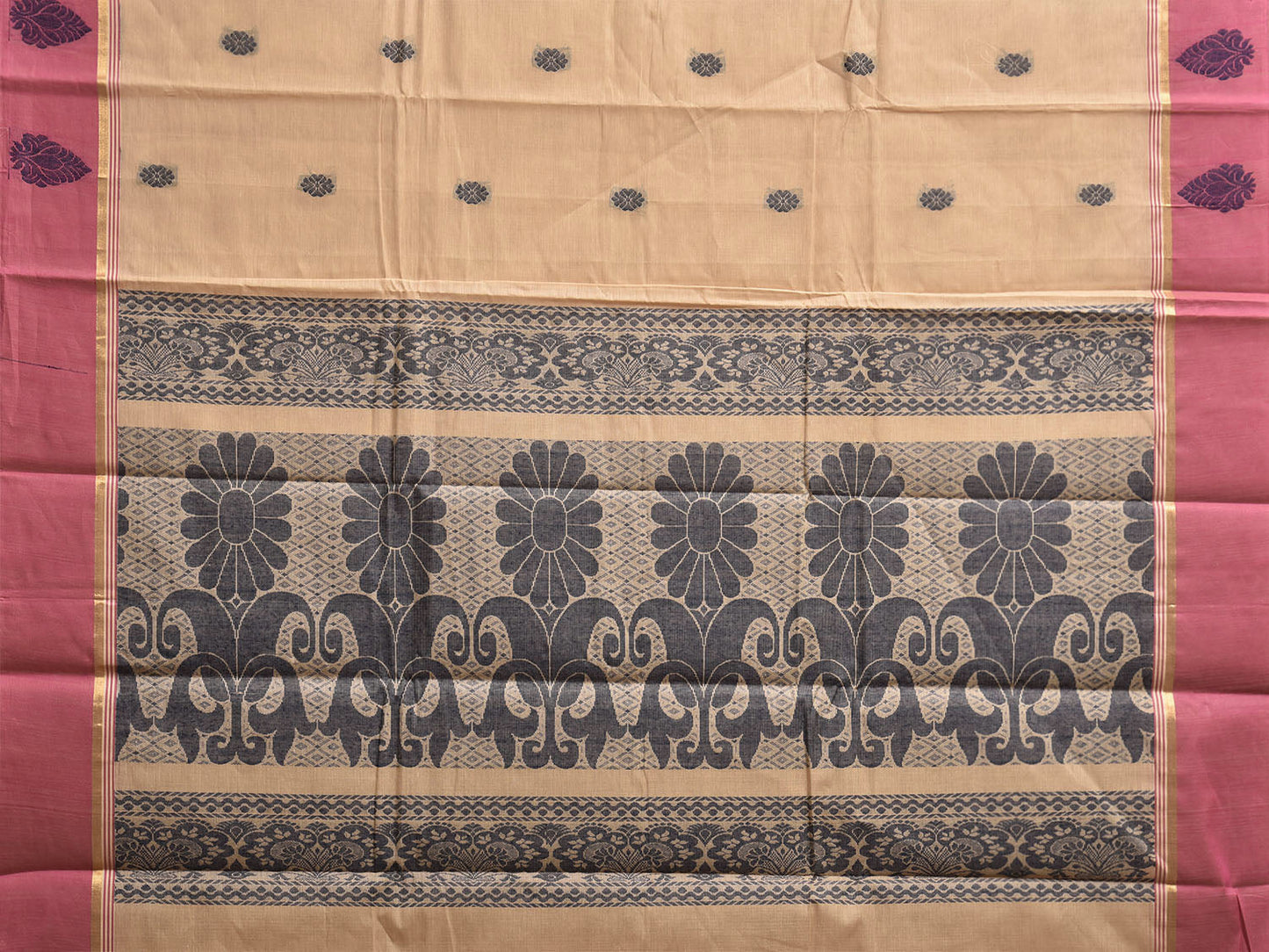 Cream and Peach Venkatagiri Cotton Saree with Body Buta and Pallu Design v0161