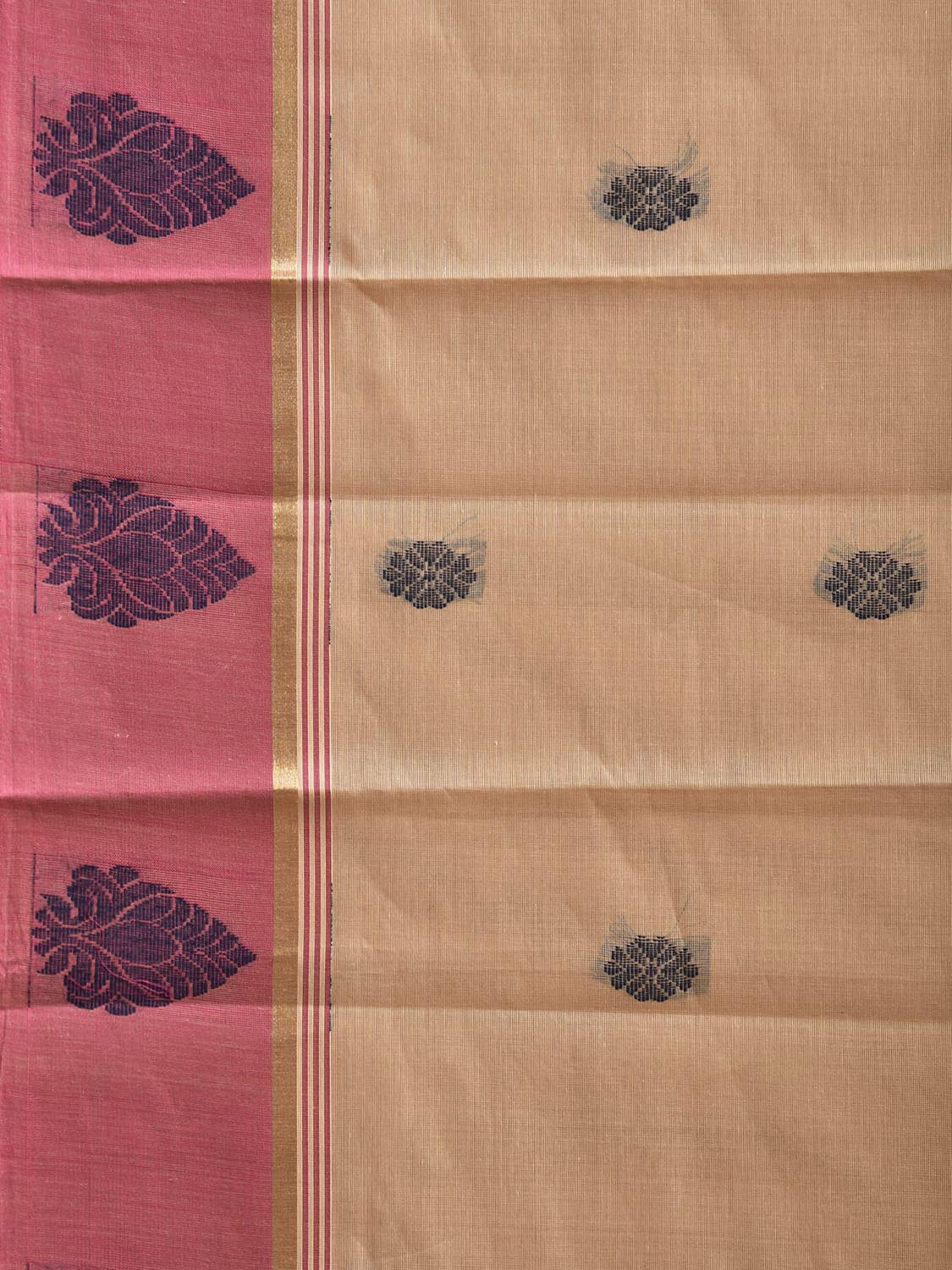 Cream and Peach Venkatagiri Cotton Saree with Body Buta and Pallu Design v0161