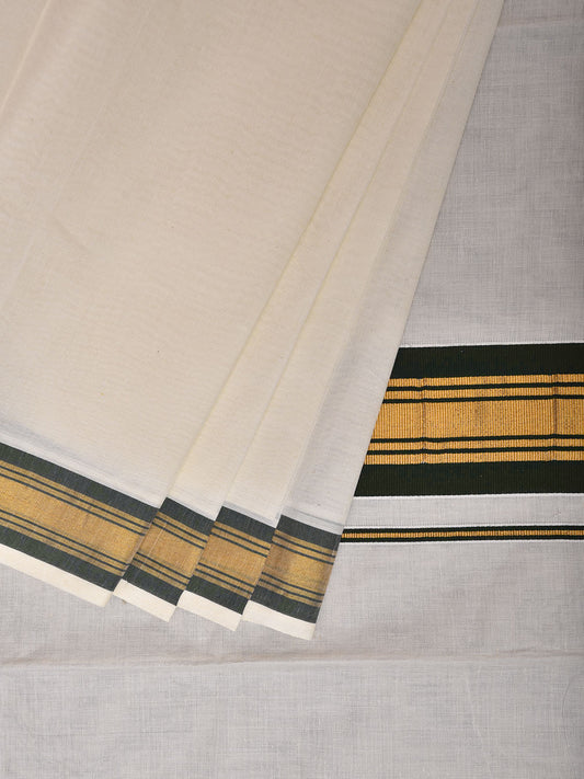 White and Dark Green Venkatagiri Cotton Plain Saree with Zari Border and Pallu Design v0168
