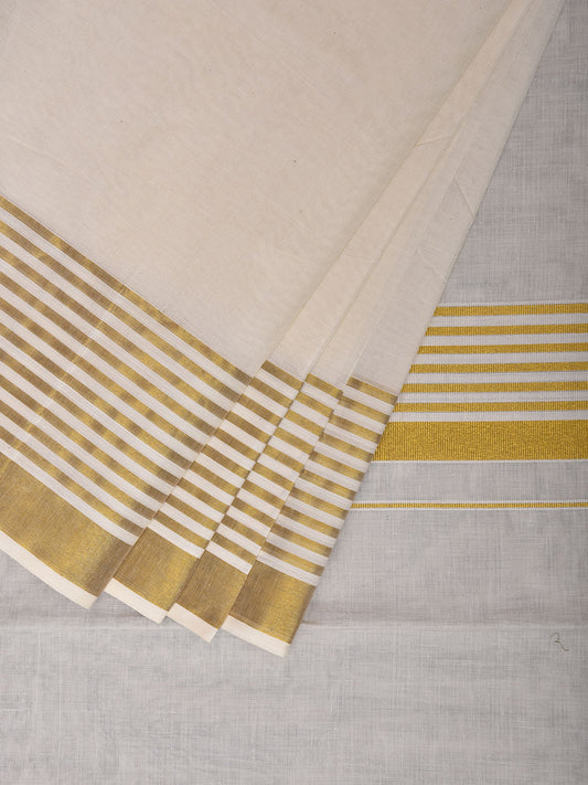 White Venkatagiri Cotton Plain Saree with Strips Border and Pallu Design v0169