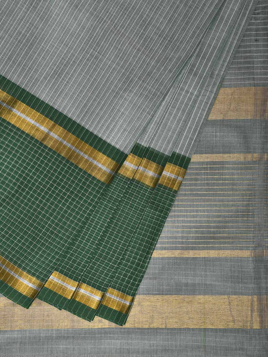 Green Venkatagiri Cotton Saree with Strips Body and Pallu Design No Blouse v0173