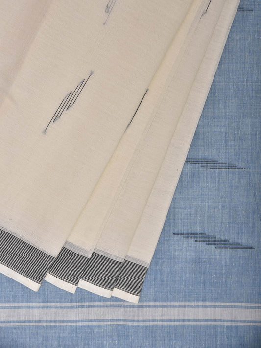 White and Blue Venkatagiri Cotton Saree with Body and Pallu Buta Design v0177