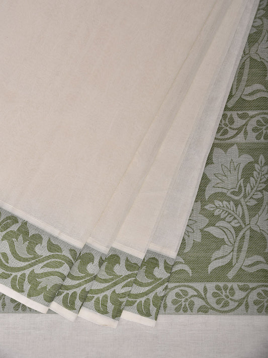 White and Green Venkatagiri Cotton Saree with Pallu and Border Design v0181