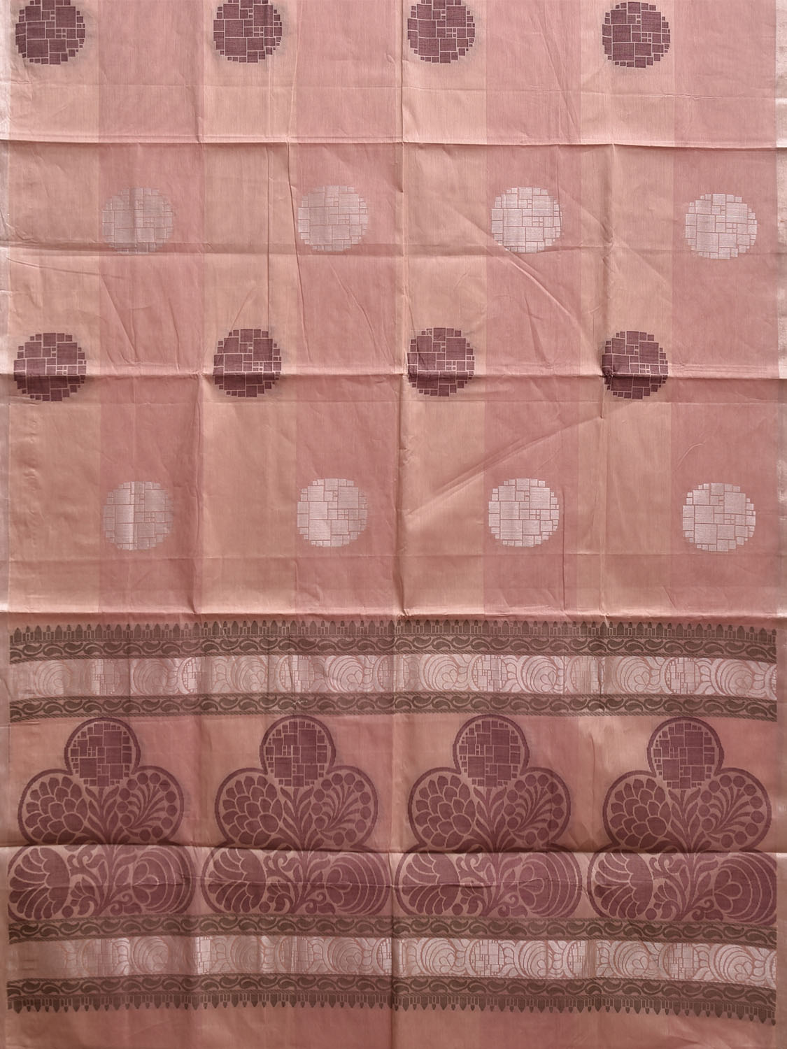 Peach Venkatagiri Cotton Saree with Body Buta and Pallu Design v0184