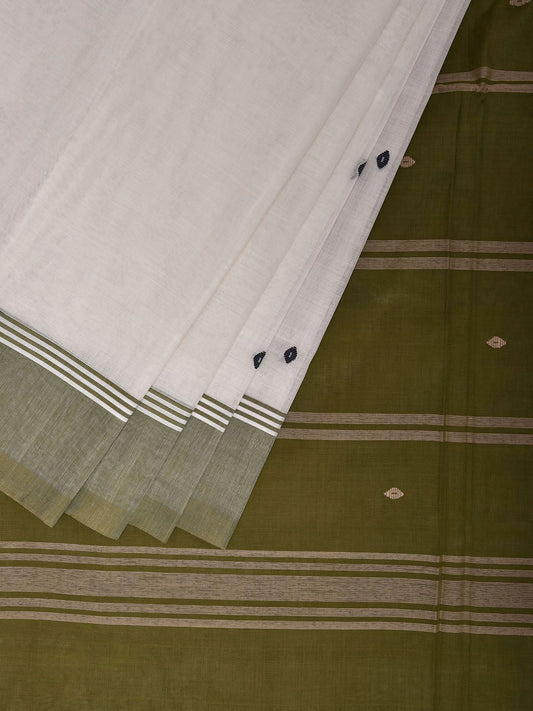 White and Olive Venkatagiri Cotton Saree with Small Buta and Strips Pallu Design v0189
