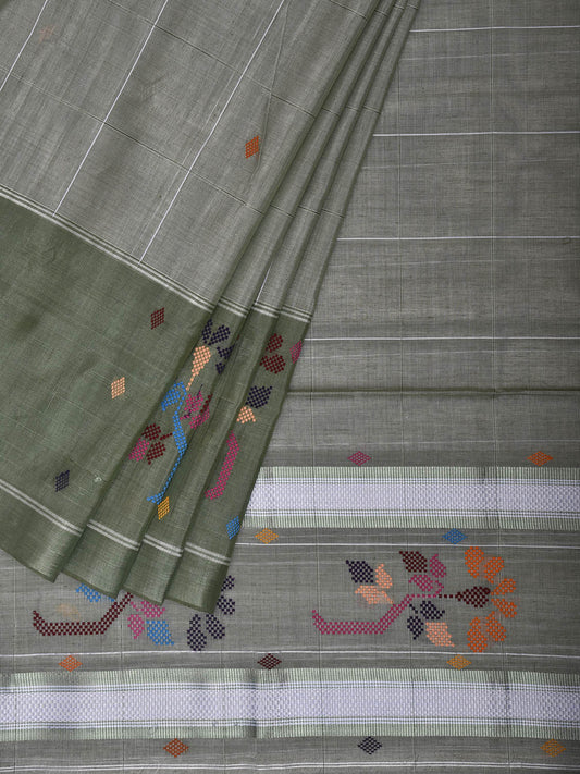 Sea Green Venkatagiri Cotton Saree with Floral Border and Pallu Design v0205