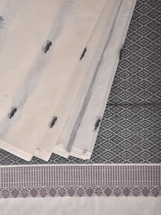White and Black Venkatagiri Cotton Saree with Strips Body and Pallu Design v0208