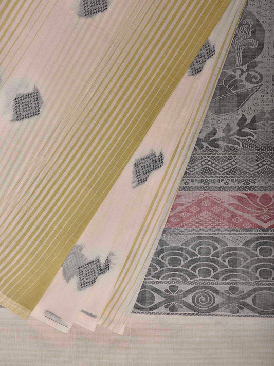 Olive and White Venkatagiri Cotton Saree with Buta and Pallu Design v0215