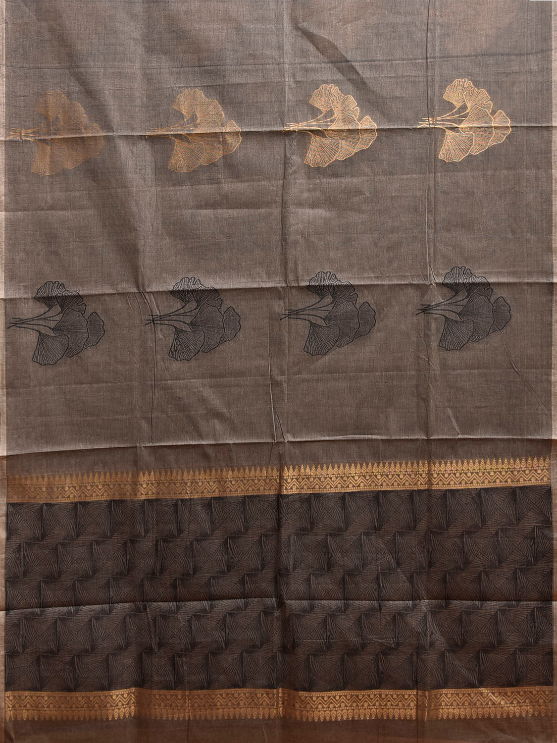 Dark Grey Venkatagiri Cotton Saree with Leaves Buta Design v0218