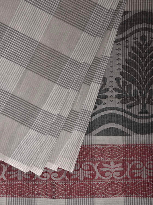 White and Light Grey Venkatagiri Cotton Saree with Checks and Temple Border Design v221