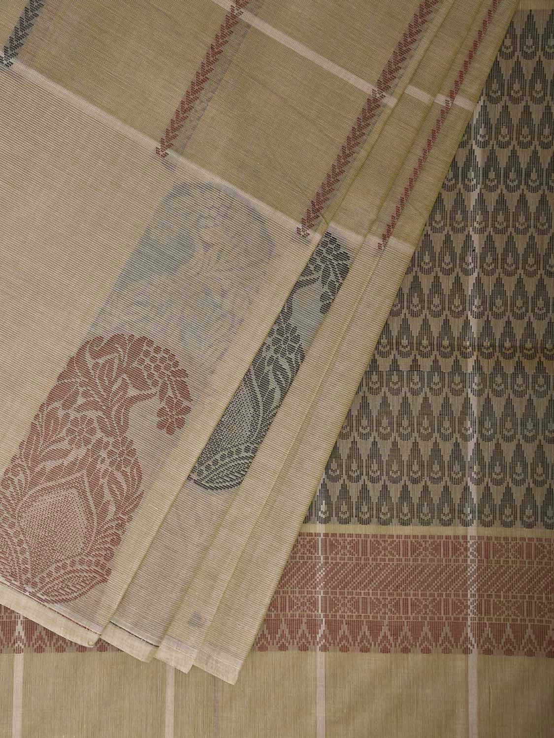 Light Yellow Venkatagiri Cotton Saree with Checks and Mango Buta Border Design v0223