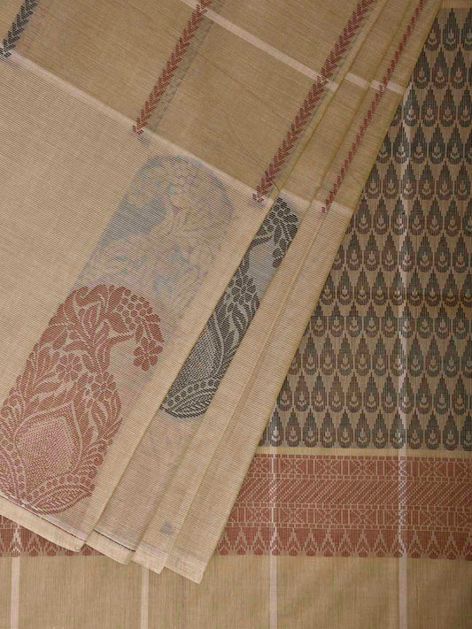 Light Yellow Venkatagiri Cotton Saree with Checks and Mango Buta Border Design v0223