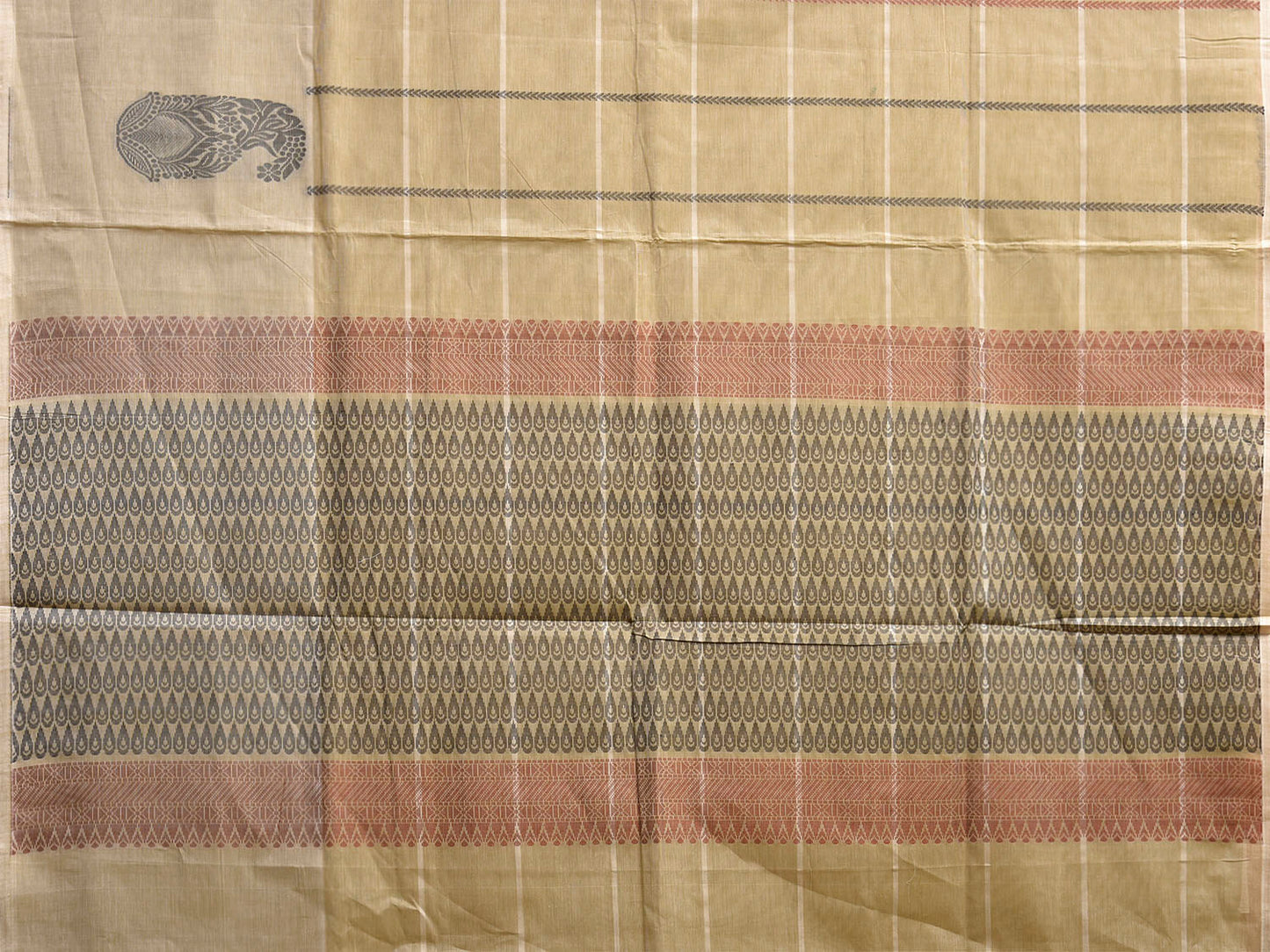 Light Yellow Venkatagiri Cotton Saree with Checks and Mango Buta Border Design v0223