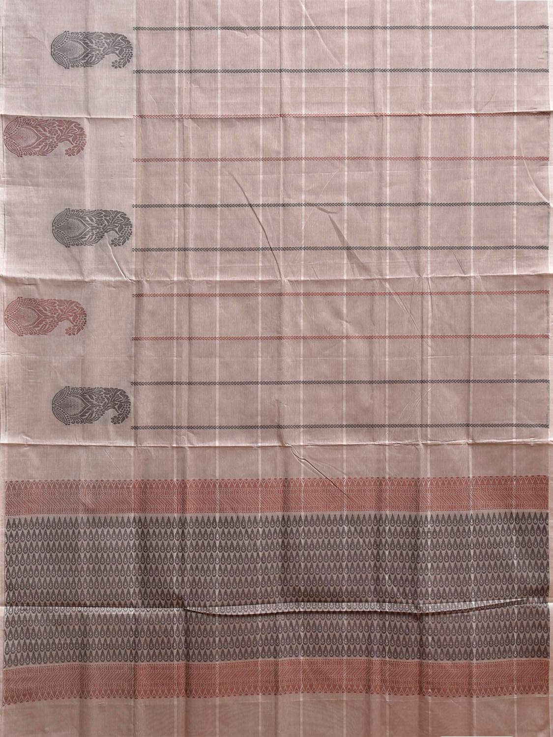 Light Fawn Venkatagiri Cotton Saree with Checks and Mango Buta Border Design v0224