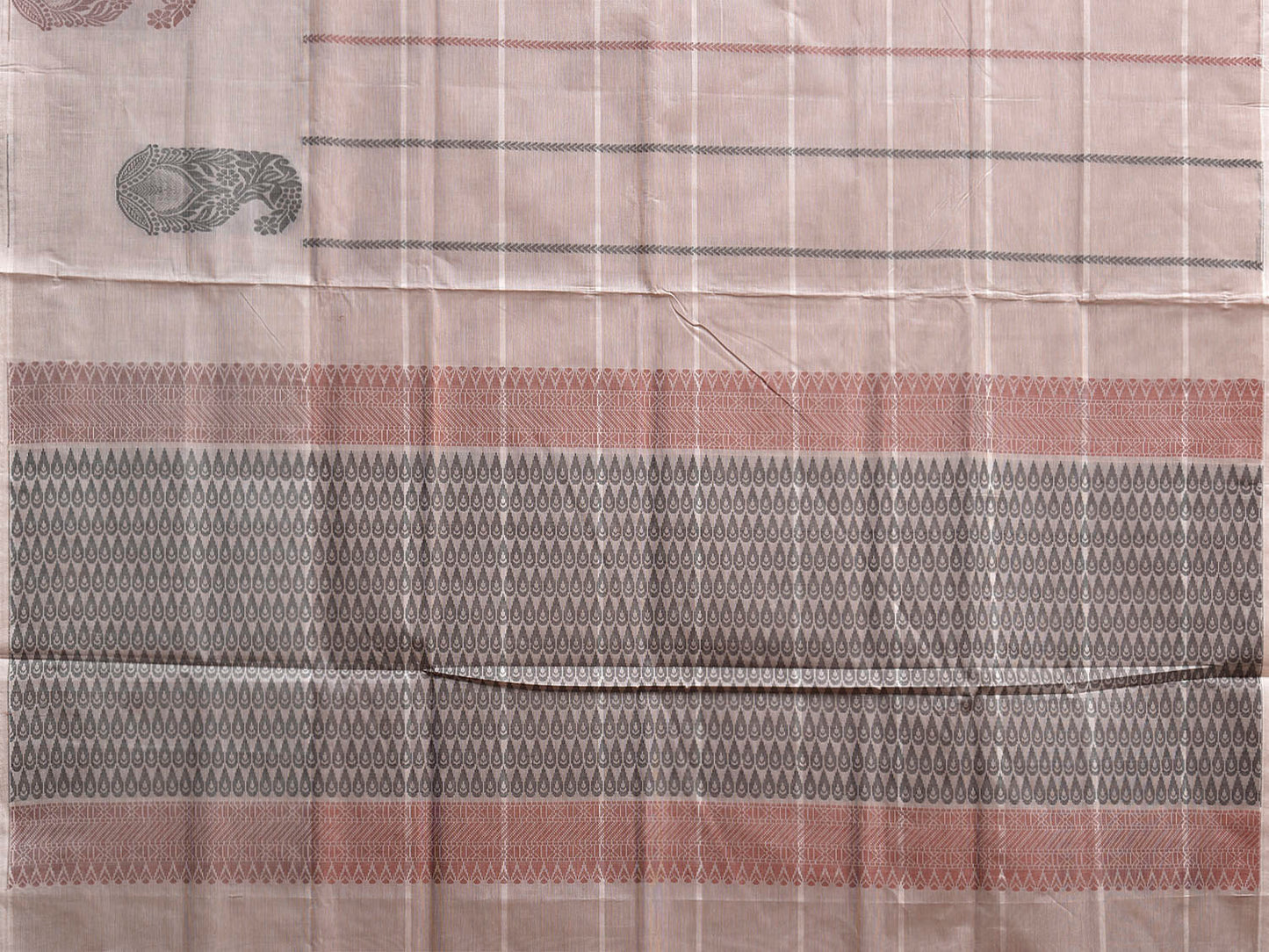 Light Fawn Venkatagiri Cotton Saree with Checks and Mango Buta Border Design v0224