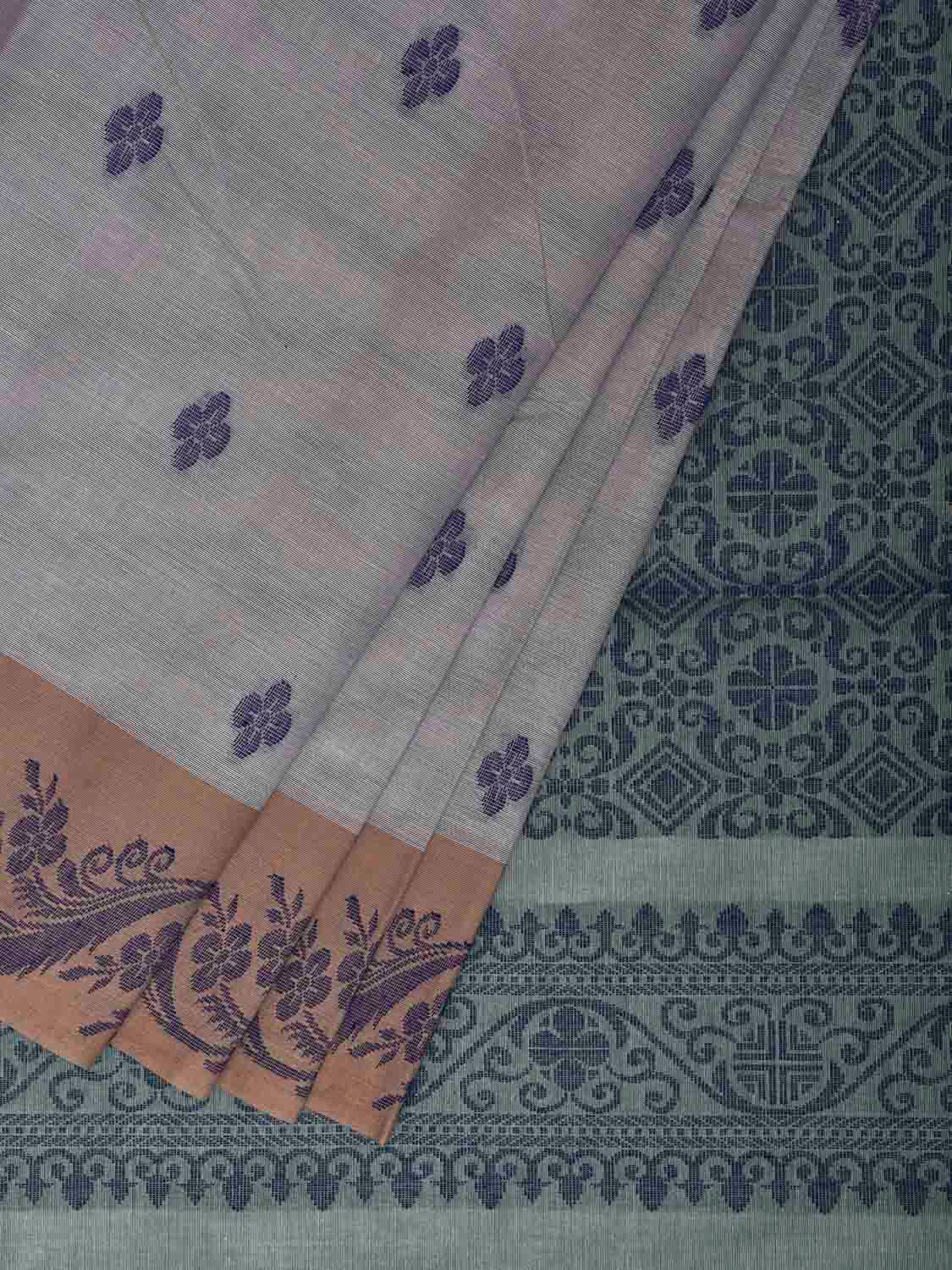 Light Grey and Sea Green Venkatagiri Cotton Saree with Border and Pallu Design v0228
