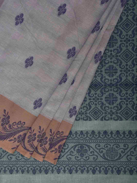 Light Grey and Sea Green Venkatagiri Cotton Saree with Border and Pallu Design v0228