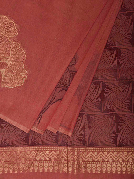 Rust Venkatagiri Cotton Saree with Leaves Buta Design v0230