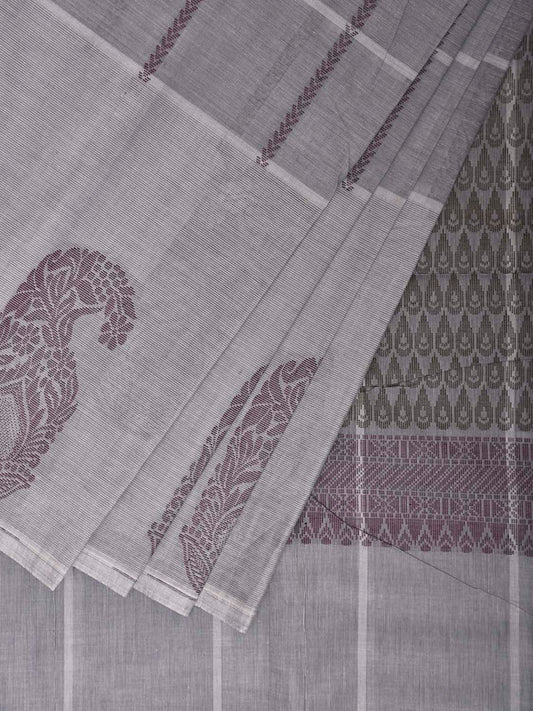 Light Grey Venkatagiri Cotton Saree with Checks and Mango Buta Border Design v0233