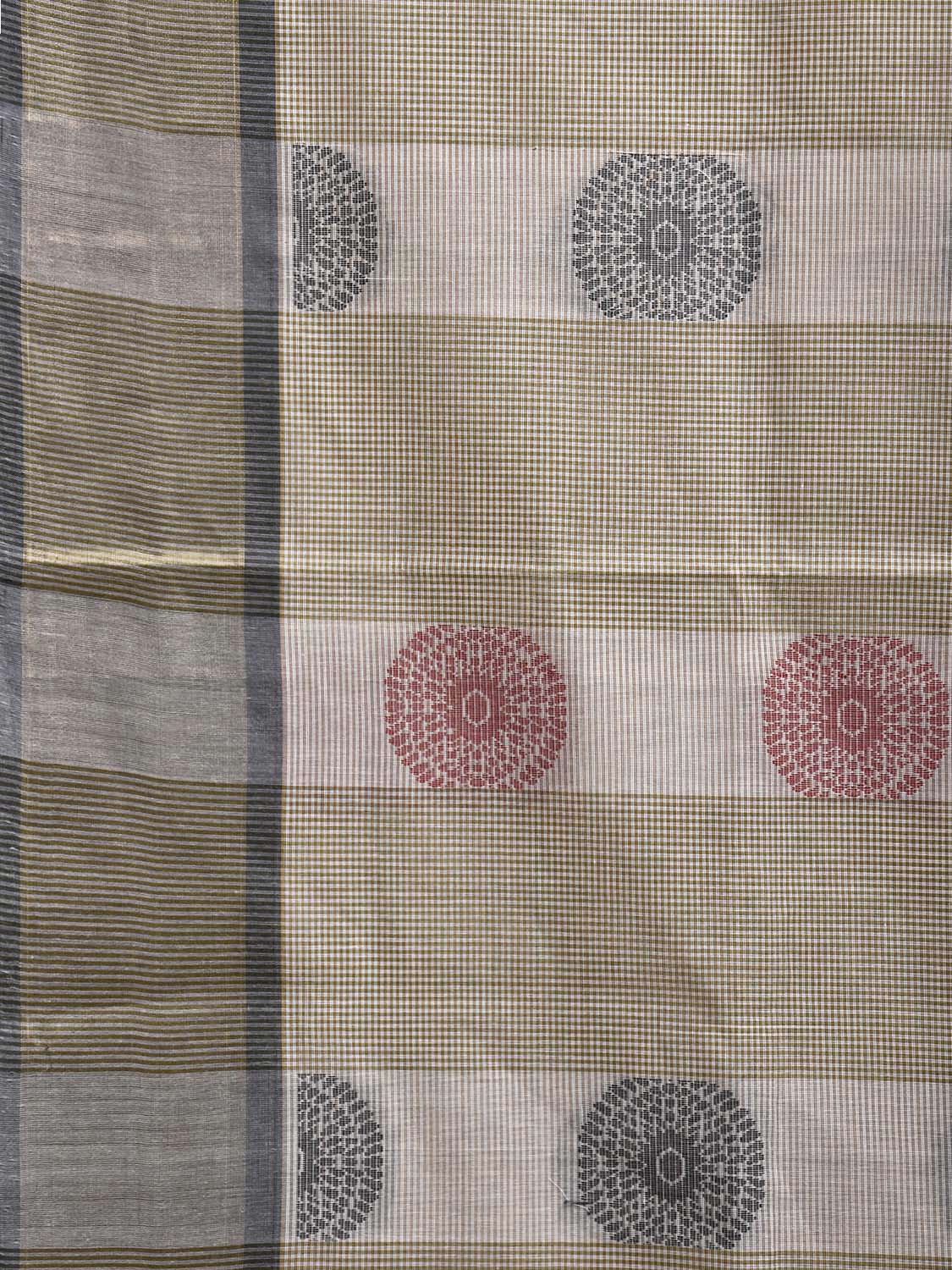 Green and White Venkatagiri Cotton Saree with Round Buta Design v0251