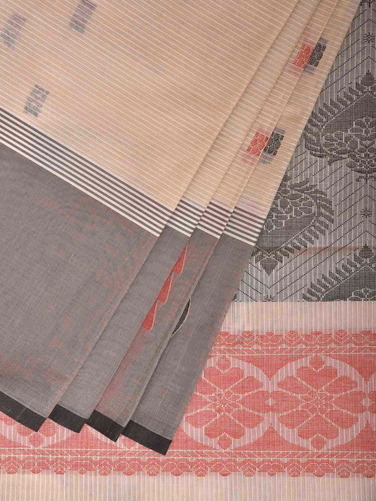 White and Light Grey Venkatagiri Cotton Saree with Border and Pallu Design v0264