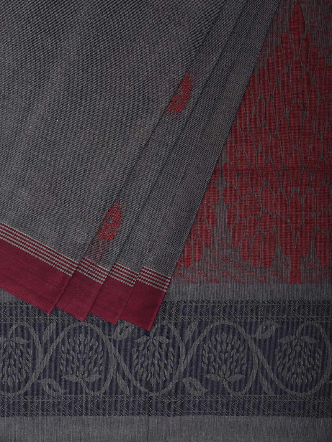 Grey and Maroon Venkatagiri Cotton Saree with Buta and Pallu Design v0277